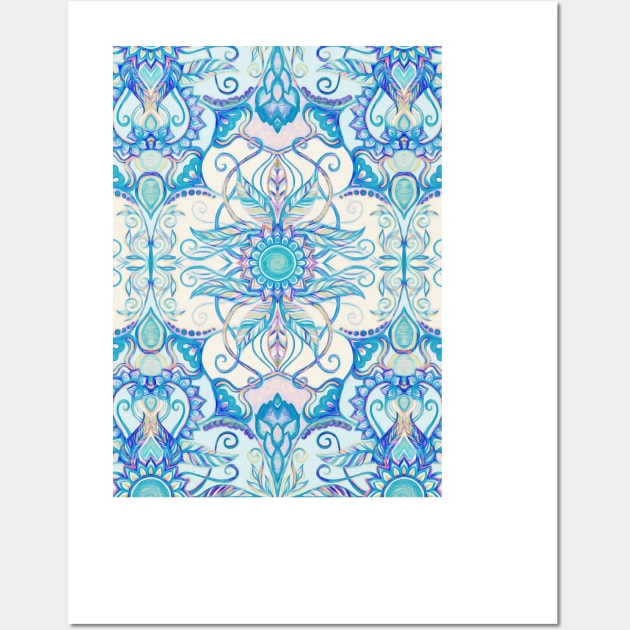 Teal Blue, Pearl & Pink Floral Pattern Wall Art by micklyn